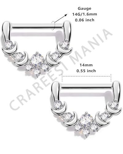CM Crareesi Mania Moon Nipple Clicker Rings,14G Nipple Shield Rings, 316L Stainless Steel Nipple Barbells Clear CZ, Nipple Rings for Women - color: Silver