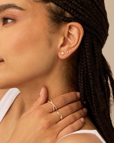 PAVOI 14K Gold Plated Dainty Stud Earrings for Women, CZ Earring Piercing | Hypoallergenic Earrings with 925 Sterling Silver Posts, Bolt, Moon, Star & Flower Celestial Studs with Cubic Zirconia - style: North Star