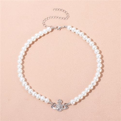 Dreuyet Saturn Pearl Necklace and Earrings Set Crystal Planet Earrings Dainty Artificial Pearl Choker Necklace Charm Gifts for Mum Wife Wedding Birthday Anniversary - color: Silver
