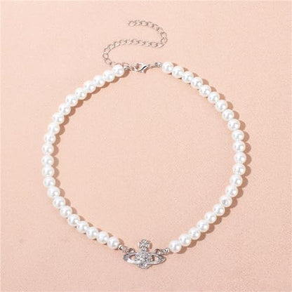 Dreuyet Saturn Pearl Necklace and Earrings Set Crystal Planet Earrings Dainty Artificial Pearl Choker Necklace Charm Gifts for Mum Wife Wedding Birthday Anniversary - color: Silver