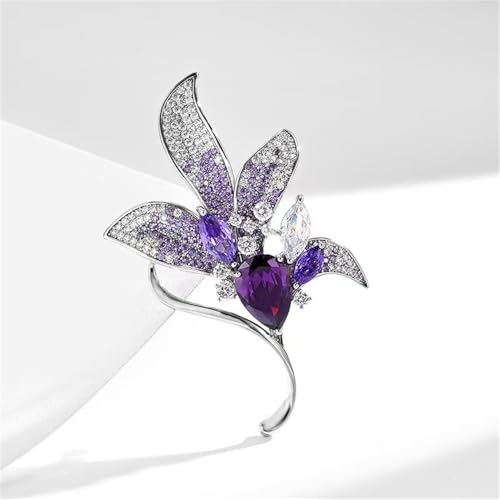 Elegant Purple Lily Flower Brooch Pin Delicate Austrian Crystal Rhinestone Floral Leaf Badges Lapel Pins Clothing Dress Wedding Corsage Accessories Trendy Banquet Prom Jewelry for Women Lady Wife Mom