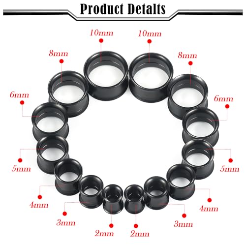12G-25mm Double Flare Thin Gauges Tunnels Plugs Stretching Kit 316L Surgical Stainless Steel Hollow Gauge Tunnel Plug for Ear 12G 10G 8G 6G 4G 2G 0G 00G 12mm 14mm 16mm 18mm 20mm 22mm 25mm - color: Black Tone, size: 12G(2.0mm)-14mm
