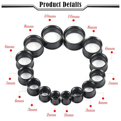 12G-25mm Double Flare Thin Gauges Tunnels Plugs Stretching Kit 316L Surgical Stainless Steel Hollow Gauge Tunnel Plug for Ear 12G 10G 8G 6G 4G 2G 0G 00G 12mm 14mm 16mm 18mm 20mm 22mm 25mm - color: Black Tone, size: 12G(2.0mm)-14mm
