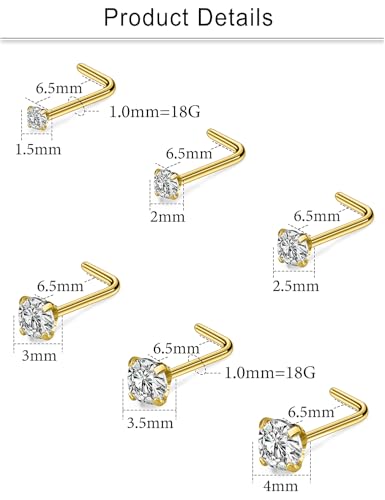 Cisyozi 18G Nose Rings Studs Hypoallergenic Nose Piercings 316L Surgical Steel Silver Nose Rings Set L Shaped Nose Nostril Piercing Jewelry for Women Men Diamond CZ 1.5mm 2mm 2.5mm 3mm 3.5mm 4mm - color: 18G - Gold - CZ 1.5mm 2mm 2.5mm 3mm 3.5mm 4mm