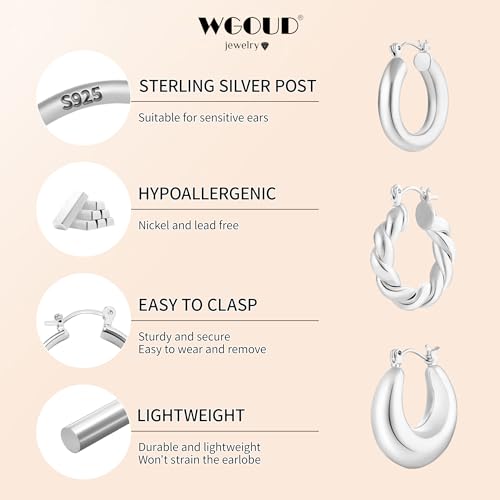 3Pairs 14K Gold Plated Chunky Hoop Earrings Set for Women, Trendy Hoop Earring 925 Sterling Silver Post - Hypoallergenic Thick Lightweight Twisted Hoops Dainty Gold Earrings for Women Jewelry Gifts - color: Silver