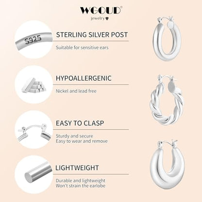 3Pairs 14K Gold Plated Chunky Hoop Earrings Set for Women, Trendy Hoop Earring 925 Sterling Silver Post - Hypoallergenic Thick Lightweight Twisted Hoops Dainty Gold Earrings for Women Jewelry Gifts - color: Silver