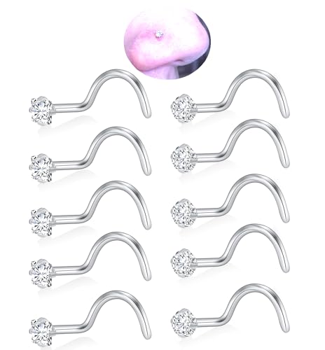 20G Nose Rings Studs for Women Corkscrew Sliver Nose Studs Hypoallergenic Nose Rings 316L Stainless Steel Nose Nostril Percing Jewely for Women Men Round Square CZ Imitation Diamond 1.5mm/2.0mm/2.5mm/3.0mm - style: 20G-corkscrew-sliver-2.0mm