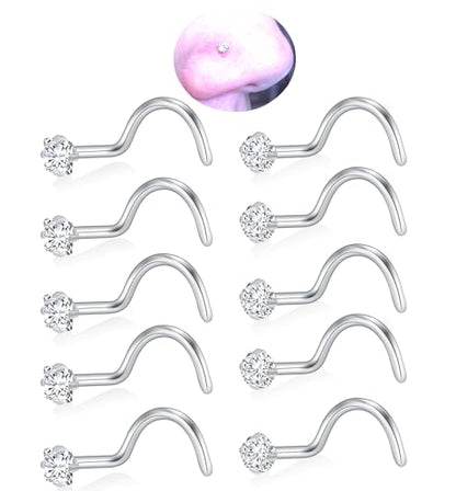 20G Nose Rings Studs for Women Corkscrew Sliver Nose Studs Hypoallergenic Nose Rings 316L Stainless Steel Nose Nostril Percing Jewely for Women Men Round Square CZ Imitation Diamond 1.5mm/2.0mm/2.5mm/3.0mm - style: 20G-corkscrew-sliver-2.0mm