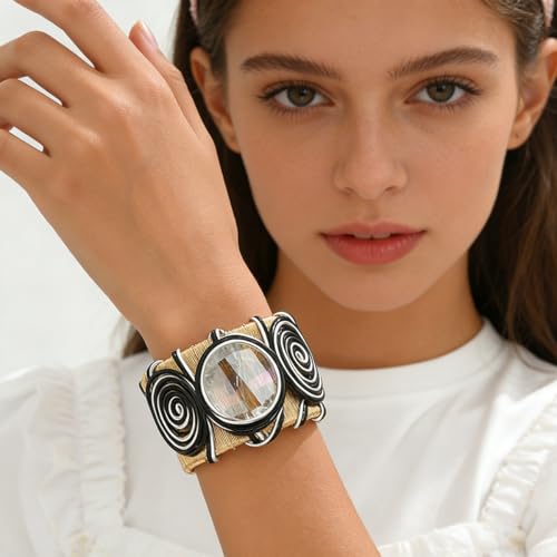 Chunky Cuff Bracelets for Women Wide Gold/Silver Cuffs Bangle Hollow Out Adjustable Bracelets Punk Vintage Jewelry - style: GRound B