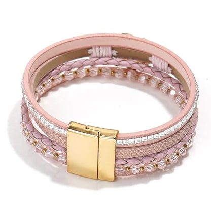 Suyi Multilayer Leather Wrap Bracelet Heart-Shape Wide Bracelets for Women - color: Pink 2