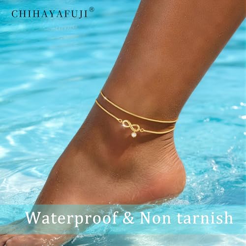 Sterling Silver Ankle Bracelets for Women Gold Waterproof Non Tarnish Beaded Chain Layered Stacking Dainty Butterfly Plus Size Large Anklet Summer Beach Vacation Jewelry Gift - color: gold2