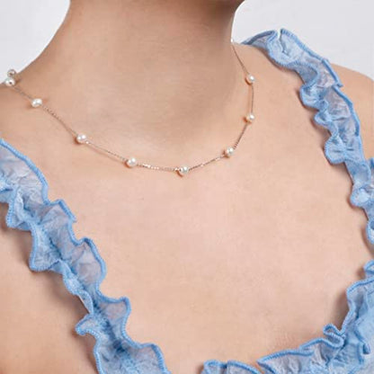 925 Sterling Silver Dainty Freshwater Cultured Pearl Choker Necklace White Genuine Real Pearl Charm Necklaces Jewelry Gifts for Her - color: Satellite Pearl-Silver 4.5-5.5mm