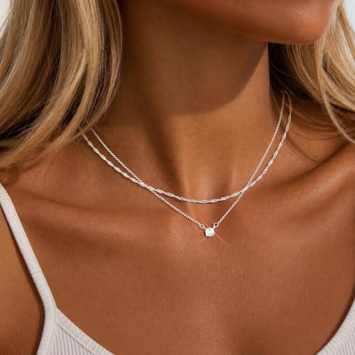 Layered Gold Necklace Set for Women Dainty Waterproof Cute Choker | 14K Gold Plated Minimalist Non Tarnish Lightweight CZ Pendant Pearl Twist Paperclip Chain Jewelry Gifts - style: 2PCS-Dotchain zircon-SL