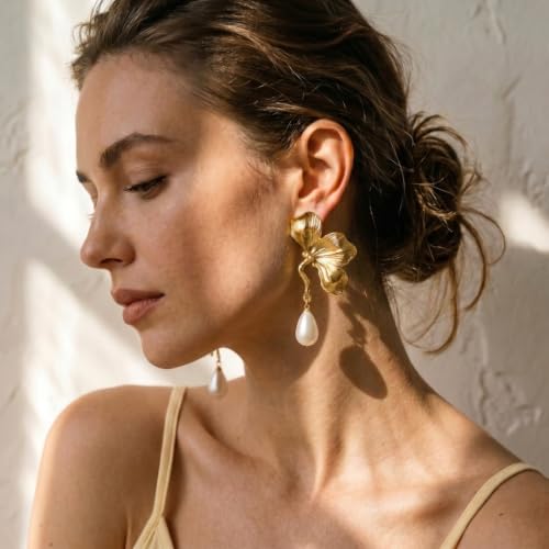 Chunky Gold Plated Flower Statement Drop Earrings for Women | Hypoallergenic 18K Gold Plated Textured Petal Wing, Large Statement Dangle Earrings for Wedding Party - color: Three Petals Pearl