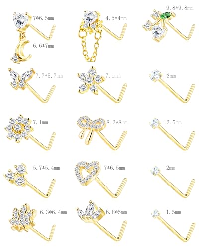 BSJ4U Nose Rings L Shaped for Women Nose Piercings 20G Surgical Stainless Steel Nose Studs CZ Heart Butterfly Flower Cherry Bow Moon Dangle Nose Piercing Jewelry - color: Gold Clear Nose Rings