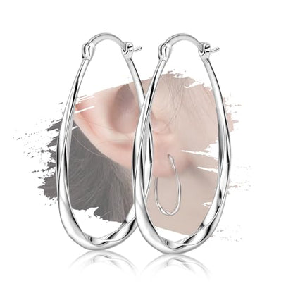 Sterling Sliver Hoop Earrings - Silver Oval Hoop Stud Earrings for Sensitive Ears for Women