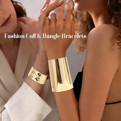 3PCS Chunky Cuff Bracelets for Women Irregular Minimalist Statement Bangle Bracelets Set Open Wide Wire Grooved Hammered Bangle Bracelet Gold Sliver Wrist Cuff Wrap Bracelet Adjustable - color: Gold Cuff Bracelets B