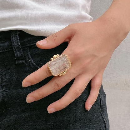 OIDIMS Natural Stone Cocktail Ring for Women Charms Gemstone Dainty Gold-Tone-Tone Band Wedding Engagement Statement Rings Comfort Fit Jewelry for Her Girlfriend Size 8