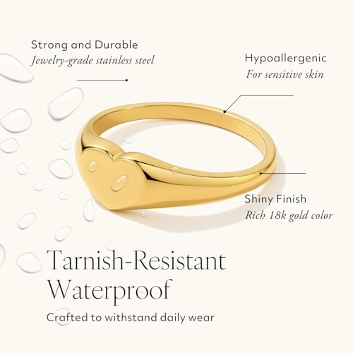 Gold Pinky Signet Rings for Women Men, Stackable Dainty Oval Heart Ring, Non-Tarnish Waterproof 18K Gold Plated Stainless Steel Size 3-11 - style: Slim Heart Signet Ring