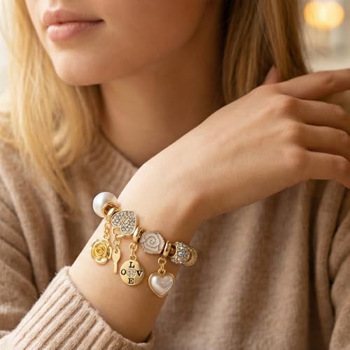 Charm Bracelet Gold Bracelets for Women Gifts | LOVE Heart Hollow Flower Bow Pink Green Square Gemstone Beaded Charm Bracelet Cute Adjustable Bracelet Jewelry - style: LOVE Lettered Disc