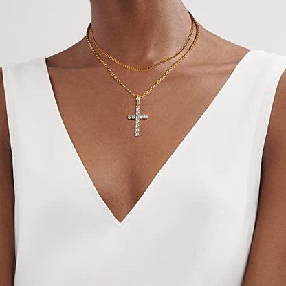 GEMOSA Cross Necklace for Men, Cuban Link Layered Rope Chain Silver/Gold/Black - color: Yellow Gold, size: 16/18 inch