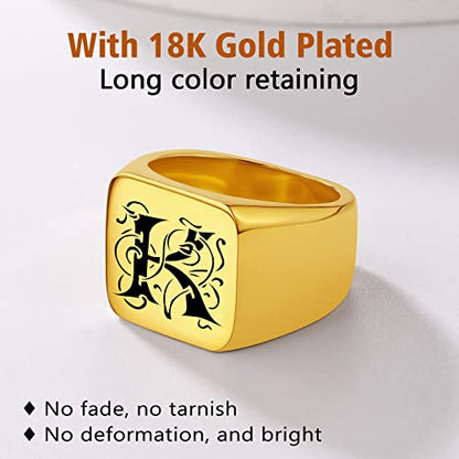 FindChic Customized Signet Photo Rings Square/Heart/Round Chunky Band Ring Stainless Steel/18K Gold Plated/Black Size 7 to 14 Personalized Jewelry for Men Women, Send Gift Box - color: 01. personalized monogram square (gold)
