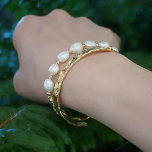 Classic Hammered Cuff Bracelet for Women, 18K Gold Plated Wide Bangle | Hammered Ripple Texture, 2.3-Inch Wide Cuff, Smooth Edges, Non Tarnish, Red Gift Box