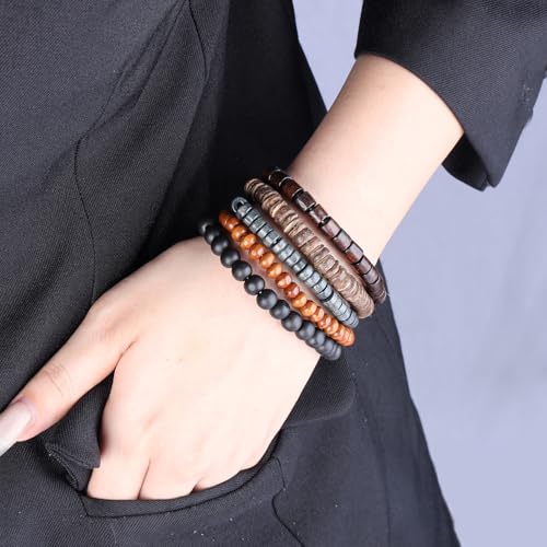 Mens Beaded Bracelets Tribal Wooden Elastic Adjustable Prayer Beads Wrap Cuff for Women - color: A: 6pcs