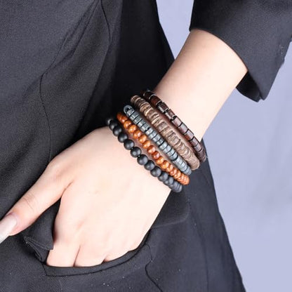 Mens Beaded Bracelets Tribal Wooden Elastic Adjustable Prayer Beads Wrap Cuff for Women - color: A: 6pcs
