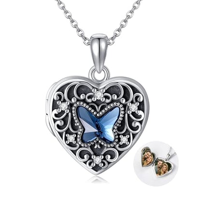 YFN Locket Necklace 925 Sterling Silver Heart Locket Necklace that Holds Pictures for Women Jewelry Gifts - style: heart butterfly locket