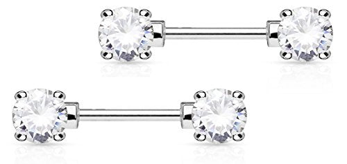 Forbidden Body Jewelry 14g 1/2 Inch (12mm) Surgical Steel & Gold Plated CZ Crystal Front Facing Gemmed Nipple Ring Barbell Set - style: Clear