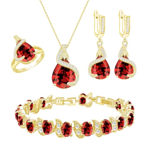 Jewelry Set for Women Teardrop Earrings Necklace Ring Bracelet Set Party Wedding Jewelry Gift for Mother Wife Friend - color: Gold-Garnet