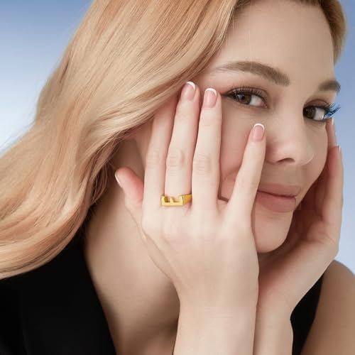 Cicy Bell Initial Rings for Women 18k Gold Plated Adjustable Rings | Open Signet Rings, Bold Letter, Personalized Engraved, For Party - color: Initial-E