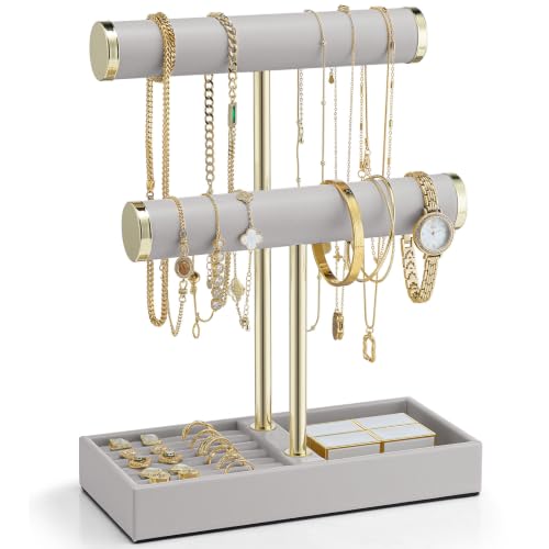 VLANDO Jewelry Organizer, 2 Tier Jewelry Bracelet Necklace Holder with Tray | Scratch Resistant PU Leather and Gold Bars, Display Bracelets and Watches,Stores Rings, Earrings and Items for Easy Daily Use - color: Grey, size: 2 Tier