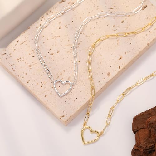 Dainty Heart Necklace for Women, 14k Gold Plated/Rose Gold/Silver Tiny Cute Heart Pendant Necklace Minimalist Choker CZ Necklace Jewelry Gifts for Women - style: Paperclip Heart-sl
