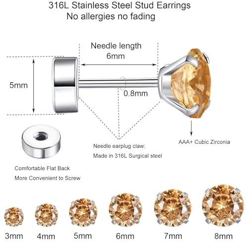6 Pairs Surgical Steel Flat Back Earrings | CZ Stud Set | Hypoallergenic 316L Surgical Steel • Flat Back Threaded Studs for Cartilage, Helix & Lobe • 6 Mixed Sizes (3-8mm) - color: Flatback-Champagne