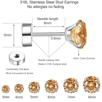 6 Pairs Surgical Steel Flat Back Earrings | CZ Stud Set | Hypoallergenic 316L Surgical Steel • Flat Back Threaded Studs for Cartilage, Helix & Lobe • 6 Mixed Sizes (3-8mm) - color: Flatback-Champagne