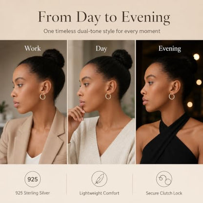 LeCalla Real 925 Sterling Silver Textured Two-Tone Three-Tone 14K Gold Plated Lightweight Italian Design Hoop Earrings for Women Diameter 25,30,40,45,50mm - color: Two-Tone Small-20mm