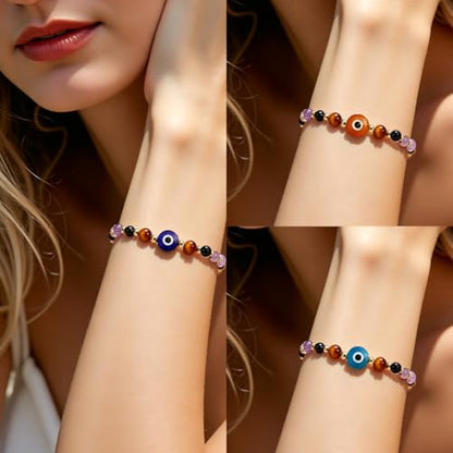 ROYONE Evil Eye Bracelets - 5 Healing Crystals Gift Set，Adjustable Natural Stone Jewelry for Anxiety Relief & Good Luck - color: green