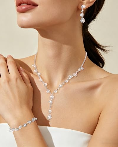 Pearl Jewelry Set for Women with Cubic Zirconia and Pearl Dangle Bridal Earrings Necklace Bracelet Set for Wedding Jewelry