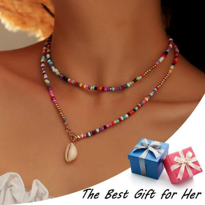 Boho Beaded Choker Necklace with Cowrie Shell Pendant – Colorful Seed Bead Layered Beach Necklace for Women, Buckle