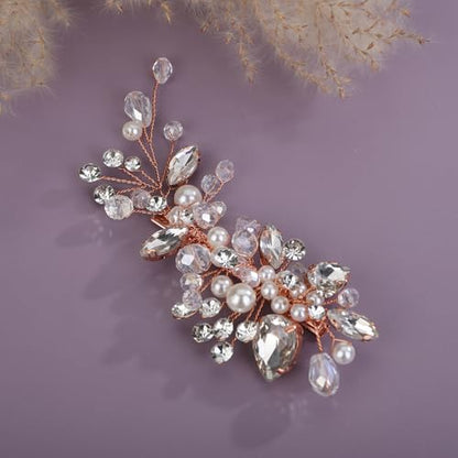 Teyglen Bridal Rhinestone Hair Clip Rose Gold Pearl Crystal Hair Barrette Sparkly Hair Piece Wedding Hair Clips Hair Accessories Jewelry for Women (Rose gold) - color: Rose gold