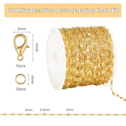 GTVOODX 33 Feet 18K Gold Plated Stainless Steel Chains for Jewelry Making | 2mm Dapped Sequin Permanent Jewelry Chain Spool Bulk for DIY Necklace and Bracelet Accessories - color: Gold Lip