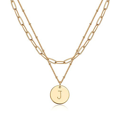 Valloey Rover Initial Necklaces for Women 14K Gold Plated Dainty Letter Necklce Round Coin Disc Pendant Double Side Engraved A-Z Necklace Personalized Jewelry Gift for Women - color: Layer-J