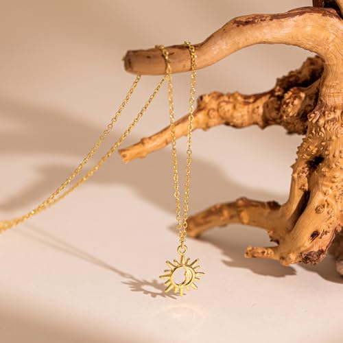 Dainty Gold Necklace: 14k Gold Plated Dianty Boots Bow Sun Moon Horse Evil Eye Conch Seahorse Necklace for Women 16.5"+2" - color: Sun Moon Pendant