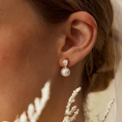 Pearl Earrings for Women:Gold Wedding Dangle Drop Earring Pearl Jewelry | 14K Gold Plated Pearl Drop Earrings for Women,Dainty Wedding Bride Earring Studs,Gold Dangle Drop Earring,Waterproof Jewelry - size: 1 pcs-2