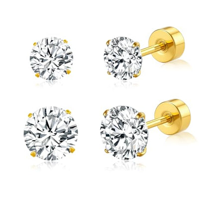 20G G23 Implant Grade Titanium Flat Back Stud Earrings for Women Men, Gold/White Gold Plated Tragus Labret Cartilage Helix F136 Piercing Jewelry for Sensitive Ears, with 4-6mm Cubic Zirconia - color: 2Pairs-20G-Golden-white-Stud Earring Sets