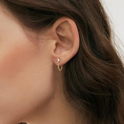 JIAYIQI Minimalist 925 Sterling Silver Stud Earrings Set, 14K Gold Plated Hypoallergenic Tiny Bar Dot Heart Star Studs for Women & Men - style: Gold-Chain Stars-1 Pair