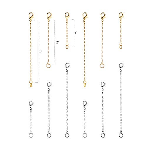 Softones 12-18Pcs Ankle Bracelets Extenders-Extension for Womens Jewelry(1 2 3 Inch),with Lobster Clasp and O-Clasp from Gold Silver Rose Gold - color: F:Lobster clasp 6-Gold 6-Silver