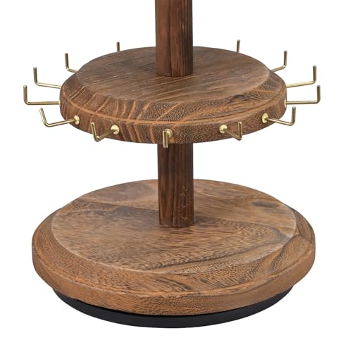 MOOCA 3-Tier Rotating Bracelet Display Stand with 42 Hooks, Jewelry Holder | 3-tier rotating wooden display with 42 hooks keeps bracelets, bangles, watches, and accessories organized and visible. - color: Brown, Round Shape